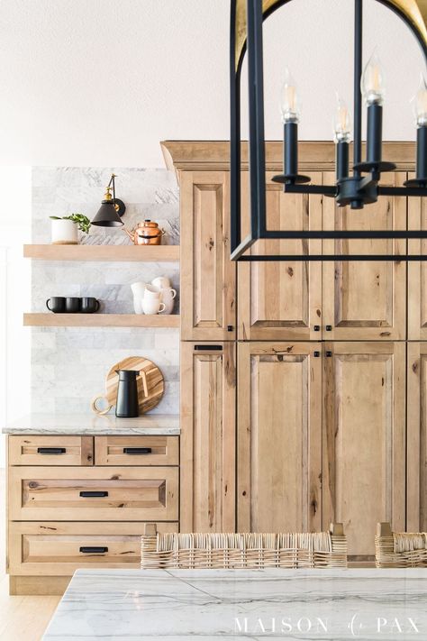 White and Wood Kitchen Reveal: Part 1, Cabinets - Maison de Pax Rustic Maple Cabinets, White And Wood Kitchen, Alder Kitchen Cabinets, Alder Kitchen, Natural Wood Kitchen Cabinets, Hickory Kitchen Cabinets, Hickory Kitchen, Kitchen Triangle, Stained Kitchen Cabinets