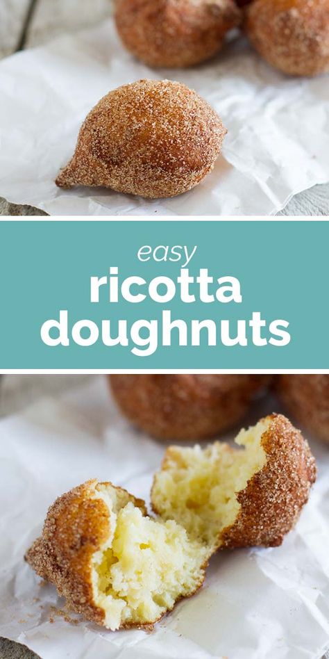 These ricotta doughnuts are soft and tender and require zero rising time! This is an easy doughnut recipe to make at home. Ricotta Doughnuts Recipe, Easy Doughnut Recipe, Recipe Using Ricotta, Doughnuts Easy, Doughnut Recipe Easy, Lithuanian Recipes, Donut Dessert, Ricotta Recipes, Homemade Donuts