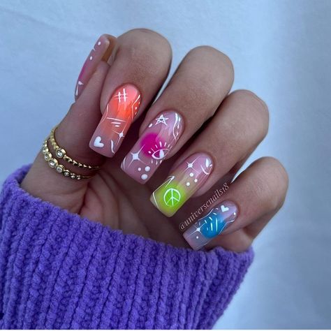 Nail Designs Retro, 60s Nails, 70s Nails, Groovy Vibes, Hearts And Stars, Fall Gel Nails, Peace Signs, Fall Inspo, Retro Rainbow