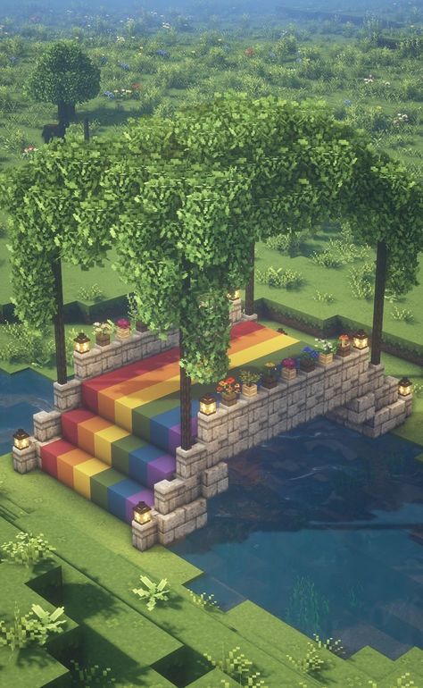 Minecraft Bridge Tutorial, Pride Minecraft Builds, Minecraft Wedding Ideas, Minecraft Pride Builds, Minecraft Rainbow Builds, Minecraft Wedding Build, Minecraft Pride, Fairy Town, Villa Minecraft