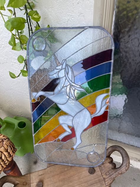 1970’s/80’s stained glass unicorn and rainbow piece Crochet Horses, Glass Unicorn, Unicorn And Rainbow, Vintage Friends, Crochet Horse, Unicorn Rainbow, Glass Ideas, Rainbow Unicorn, Art Work