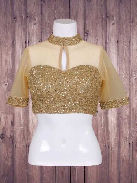 Beige Sequins Ready Made Blouse, designer blouse, sequins blouse, beige blouse Blouse Designs Net, Golden Blouse Design, Net Blouse Designs, Golden Blouse Designs, Net Saree Blouse Designs, Ready Made Blouse, Netted Blouse Designs, Long Blouse Designs, Blouse Designs High Neck