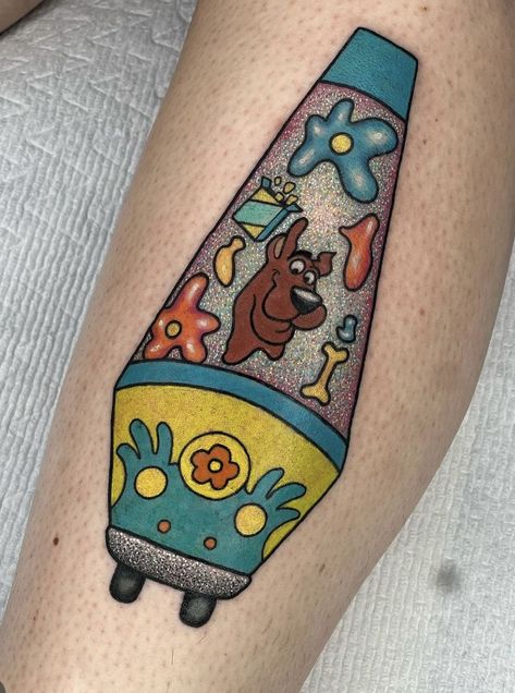 New School Sleeve Tattoos For Women, Scooby Doo Zombie Island Tattoo, Spooky Lava Lamp Tattoo, Alien Hand Tattoo, Lava Lamp Tattoo Design, Traditional Cartoon Tattoo, Velma Tattoo, Mystery Machine Tattoo, 90s Cartoon Tattoos Ideas