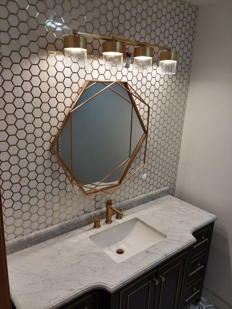 Honey Comb Hex Tile, Tile wall in bathroom remodel with a honey comb bee hive theme Honey Comb Tile Bathroom Wall, Honey Comb Tiles In Bathroom, Honey Comb Tiles Kitchen, Bee Themed Bathroom, Tile Wall In Bathroom, Honey Bathroom, Honeycomb Tiles Bathroom, Honeycomb Bathroom, Bee Bathroom