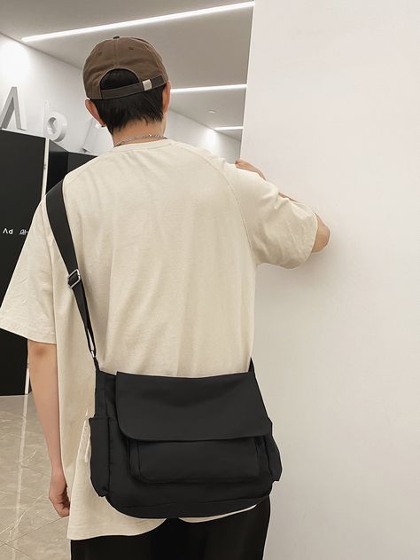 Black  Collar  Nylon Plain Messenger Bag Embellished   Men Bags Bags For Men Aesthetic, Aesthetic Bag Men, Man Purse Aesthetic, Side Bag Outfit, Man Bags Fashion For Men, Bag For Men Aesthetic, Messenger Bag Aesthetic Men, Messenger Bag Men Outfit, Crossbody Bag Outfit Men