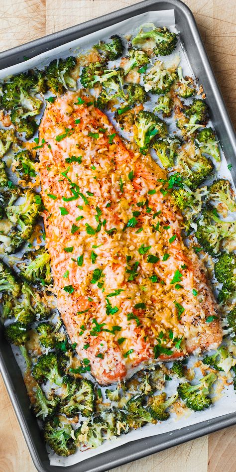 Sheet Pan Salmon and Broccoli with Garlic and Parmesan. Healthy Sheet Pan Dinners For Two, Paleo Salmon Dinner, Quick Healthy Dinner Salmon, Meal Prep Recipes Low Carb, One Pan Dinners Fish, Gluten Free Salmon Dinner, Salmon Recipes Baked Low Cholesterol, Low Carb Meat Dishes, Salmon Fertility Recipe