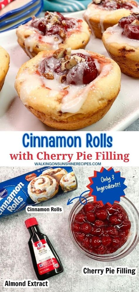 Pillsbury Cinnamon Rolls with Cherry Pie Filling are made with refrigerator rolls and canned cherry pie filling. Ready in 20 minutes! Pillsbury Cinnamon Roll Recipes With Cherry Pie Filling, Cherry Cinnamon Rolls Simple, Cherry Pie Cinnamon Rolls, Pillsbury Roll Recipes, Cherry Pie Cups, Cherry Cinnamon Rolls, Cherry Filling Recipes, Refrigerator Rolls, Pillsbury Cinnamon Roll Recipes