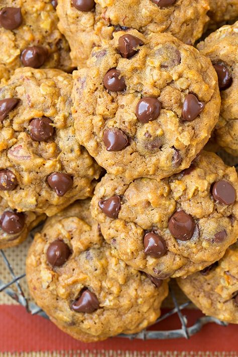 Pumpkin-Oat Chocolate Chip Cookies - Cooking Classy Pumpkin Oat Chocolate Chip Cookies, Pumpkin Oatmeal Chocolate Chip Cookies, Oat Chocolate Chip Cookies, Dessert Light, Pumpkin Oats, Cookie Sandwich, Pumpkin Chocolate Chip, Oatmeal Chocolate Chip, Pumpkin Chocolate Chip Cookies