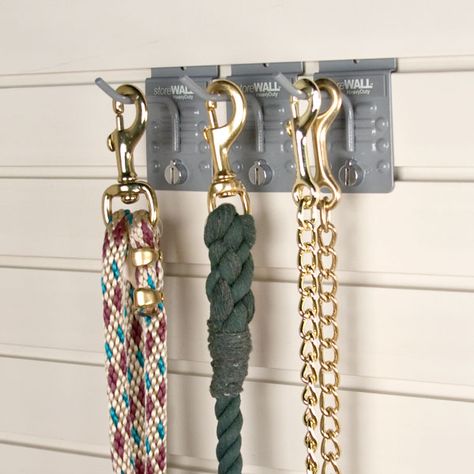 wall storage halters | Leads are organized on the 2.5 single hook . No more tangled leads. Tack Shed Organization, Tack Cabinet, Tack Storage, Diy Trailer, Farm Animals Pictures, Tack Trunk, Tack Rooms, Barn Hacks, Trailer Organization