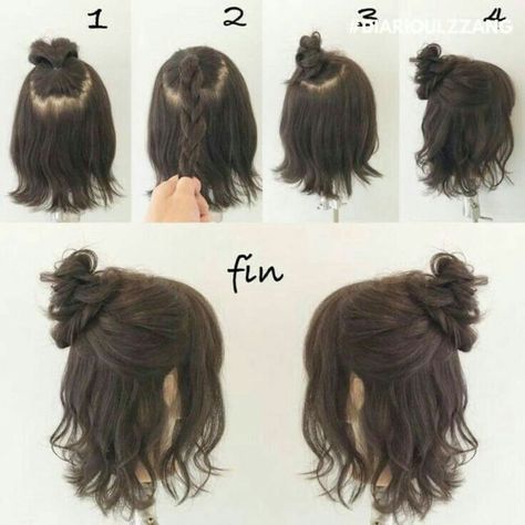 A Messy Bun, Seni Dan Kraf, Bangs Short, Peinados Fáciles Para Cabello Corto, Short Hair Tutorial, Haircuts Short, Penteado Cabelo Curto, Cute Hairstyles For Short Hair, Short Hair Styles Easy