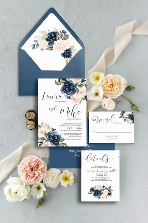 Beautiful elegant blush pink and navy blue Floral Wedding Invitation is perfect for any wedding style. The wedding invitation is printed on off white card stock paper and wrapped with twine bow. PLEASE NOTE THIS IS *NOT* AN INSTANT DOWNLOAD THIS PRODUCT IS A DIGITAL FILE ONLY NO PHYSICAL PRODUCT WILL BE SHIPPED Invitation (5×7) RSVP Insert (3.5 x 5) Additional Inserts (4 x 5.5) *FULL SET AS SHOWN INCLUDES INVITE, RSVP, DETAILS CARD AND THE ENVELOPE LINER PRINT No physical product will be mailed Navy Blush Weddings, Vestido Charro, Blue And Blush Wedding, Floral Wedding Invitation Suite, Blush Wedding Invitations, Blue Themed Wedding, Pink Wedding Invitations, Blush Pink Weddings, Envelope Liner