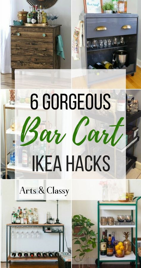 Diy Ikea Bar, Bar Cart Makeover, Bar Cart Hack, Ikea Bar Cart, Ikea Bar, Diy Bar Cart, Gold Bar Cart, Bar Cart Styling, Cart Decor