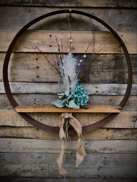 Rusted wine barrel hoop, dried flower arrangement. Handmade, home grown and foraged materials. Ideas For Barrel Rings, Barrel Ring Wreath, Barrel Crafts, Wine Barrel Rings, Big Blank Wall, Hoop Light, Barrel Ring, Welding Ideas, Barrel Decor