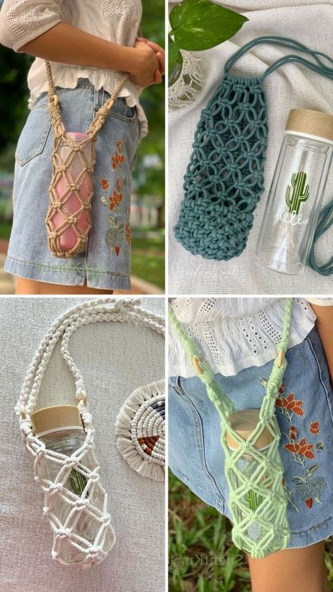 Functional Macrame, Macrame Water Bottle Holder, Macrame Water Bottle, Crochet Bottle Holder, Easy Diy Macrame, Ring Macrame, Crochet Water Bottle Holder, Free Macrame Patterns, Handbags Patterns