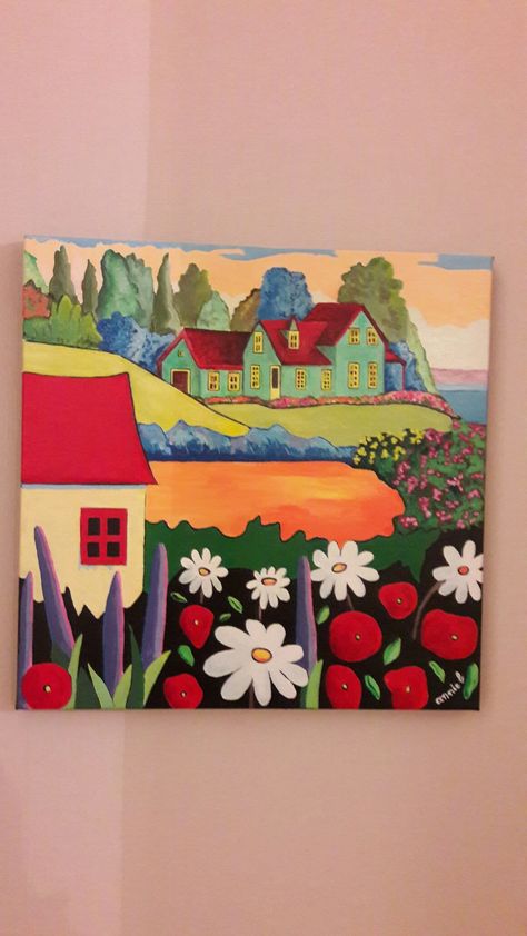 paysage champêtre : oeuvre inspirée d'un tableau de Louise Marion Tile Painting, Mosaic Rocks, Embroidery Template, Craft Board, Farm Art, Abstract Landscape Painting, Canvas Acrylic, Painting Tile, Naive Art