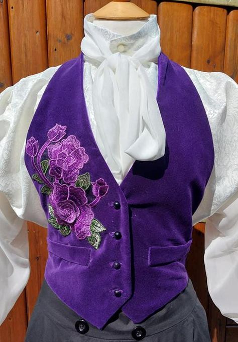 Women's halter neck waistcoat, purple cotton velvet & embroidered rose motif, satin lined, Boho, cottage core, one of a kind, Victorian by ObsidianGothic on Etsy Fancy Woman Suit, Purple And Green Fashion, Mens Fashion Purple, Cute Core Clothes, Piano Outfit, Purple Aesthetic Outfit, Funky Waistcoat, Victorian Waistcoat, Boho Cottage Core