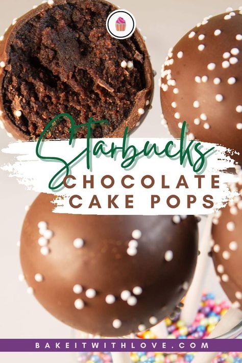 Starbucks chocolate cake pops recipe pin with a closeup image of the cake pops and text title overlay. Chocolate Cake Pops With Cream Cheese, Starbucks Chocolate Cake Pops Recipe, Cake Pop Bars, How To Make Chocolate Cake Pops, Cake Pop Maker Recipes, Starbucks Chocolate Cake Pops, Chocolate Cake Pop Recipe, Starbucks Cake Pops Recipe, Starbucks Chocolate Cake