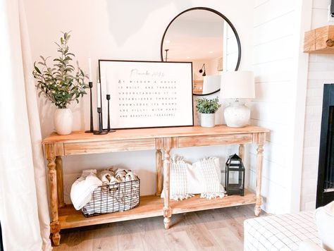 Wood Everett Foyer Table curated on LTK Entry Way Table Decor Farmhouse Style, Foyer Console Table Decor, Entryway Console Table Decorating, Console Tables In Living Room, Everett Foyer Table, Front Entry Tables, Foyer Table Decor, Hallway Decorations, Farmhouse Entry Table