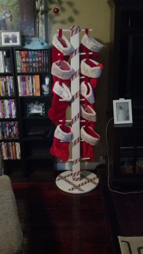 Stocking Display Ideas, Multiple Stocking Display, Christmas Stockings No Fireplace, Stocking Holder Ideas No Mantle, Ideas To Hang Stockings With No Mantle, Christmas Floor Decor, Stocking Stand Diy, Christmas Stocking Display Ideas, Christmas Stocking Alternatives