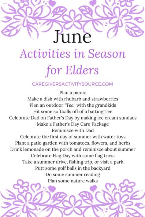 June Activities in Season for Elders #Juneactivities #Eldercare #Seniorcare #CaregiversActivitySource #Summeractivities Assisted Living Activities, Senior Center Activities, Senior Citizen Activities, June Activities, Memory Care Activities, Activities For Seniors, Senior Living Activities, Nursing Home Activities, Alzheimers Activities