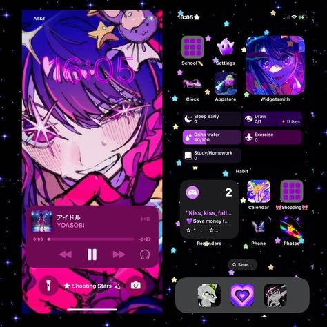 Cool Iphone Wallpaper Themes, Cyberpunk Iphone Theme, Oshi No Ko Aesthetic, Phone Themes Anime, Widget Homescreen Ideas, Anime Homescreen Layout, Anime Phone Theme, Phone Homescreen Layout, Wallpaper Ideas Phone