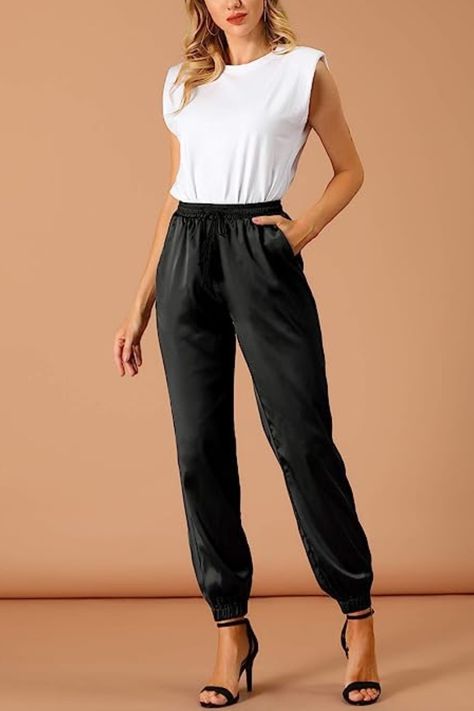 Silky Jogger Pants Outfit, Black Drawstring Pants Outfit, Black Satin Joggers Outfit, Black Joggers Outfit Dressy, Black Jogger Pants Outfit, Satin Joggers Outfit, Black Satin Pants Outfit, Satin Pants Outfit, Black Joggers Outfit