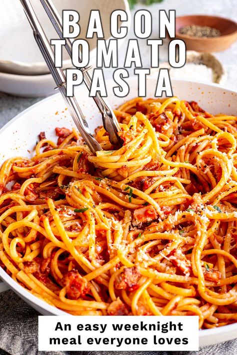 Bacon Tomato Spaghetti, Bacon Red Sauce Pasta, Creamy Tomato Bacon Pasta, Bacon Sundried Tomato Pasta, Bacon And Tomato Recipes, Bacon Noodles Recipe, Easy Bacon Pasta Recipes, Pasta Sauce With Bacon, Bacon Pasta Sauce