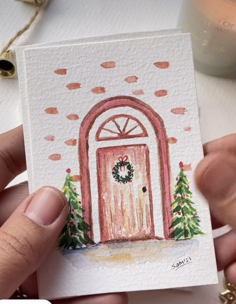 Alcohol Marker Christmas Cards, Easy Water Colour Christmas Cards, Christmas Door Card, Christmas Water Colour Card, Christmas Card Watercolor Ideas Easy, Homemade Watercolor Christmas Cards, Acrylic Paint Christmas Cards, Water Paint Christmas Cards, Christmas Art Watercolor