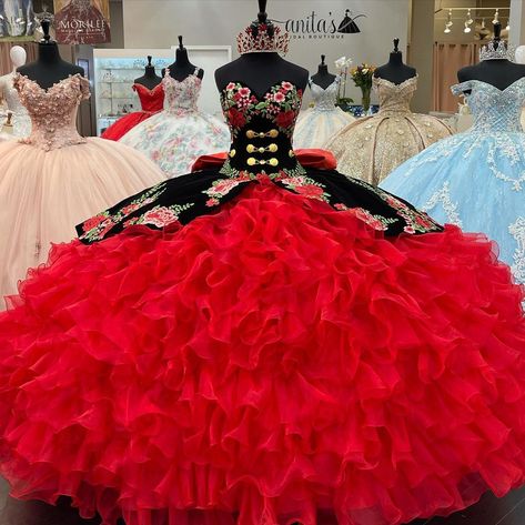 Red And Black Quinceanera Dresses Mexican, Red Mexican Quinceanera Dresses, Quinceanera Dresses Red And Black, Red Charro Quinceanera Dress, Mariachi Quinceanera Dress, Charro Theme, Red Quinceanera Ideas, Quinceanera Dresses Mexican, Vestido Charro