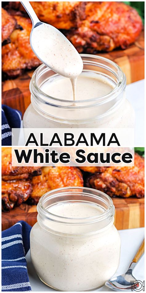 Alabama White Sauce is a tangy sauce that’s perfect on chicken. It’s made with a handful of ingredients that you probably have in in your kitchen right now! via @foodfolksandfun Easy White Sauce, White Sauce Recipe, Easy Bbq Recipes, Alabama White Sauce, White Bbq Sauce, Dipping Sauces For Chicken, Wing Sauce Recipes, White Sauce Recipes, Tangy Bbq Sauce