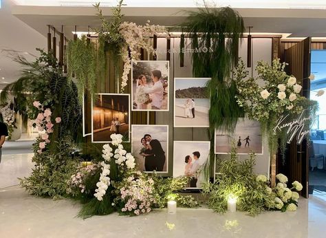 Photo Gallery Wedding Entrance, Wedding Photobooth Backdrop Ideas, Floral Champagne Wall, Wedding Entrance Photo Display, Wedding Photos Gallery Wall, Wedding Gallery Wall Ideas, Wedding Picture Wall Display, Wedding Photo Display At Reception, Wedding Photobooth Ideas Backdrops