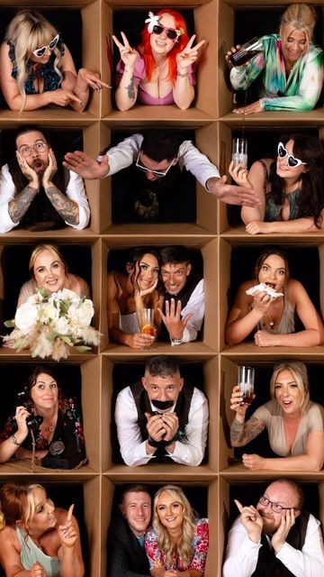 Box Collage Photography, Wedding Camera Ideas, Photography Booth Display, Out Of The Box Photoshoot Ideas, Wedding Guest Picture Ideas, Photobooth Ideas Wedding, Photo Box Couple Pose, Non Traditional Wedding Ideas, Crazy Wedding Photos