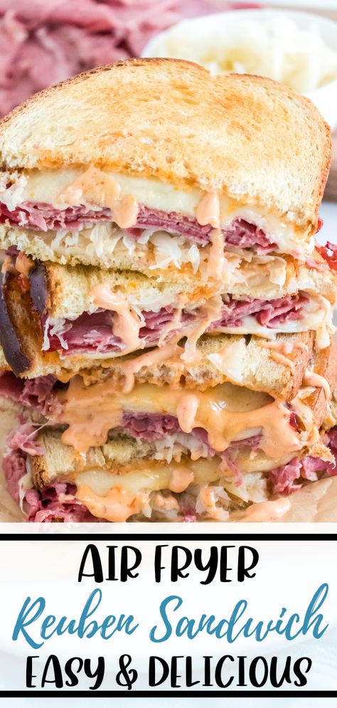 Making this Reuben Sandwich Recipe in your Air Fryer leaves the bread crispy and delicious. Filled with corned beef, swiss cheese, Thousand Island dressing, and sauerkraut you can’t rest going back for another taste. Reuben Sandwich Recipe, Sandwich Easy, Best Sandwich Recipes, The Best Air Fryer, Best Air Fryer, Thousand Island, Reuben Sandwich, Air Fried Food, Air Fryer Oven Recipes