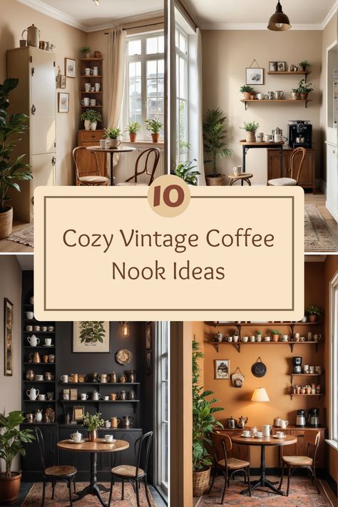 Explore 10 ideas for creating a cozy vintage coffee nook with warm decor and charming details, using 4 images to showcase various designs. Coffee Nook Shelves, Coffee Sitting Area In Kitchen, Sitting Area In Kitchen, Coffee Nook Ideas, Coffee Nooks, Nook Inspiration, Vintage Tea Rooms, Thrifted Furniture, Vintage Coffee Shops