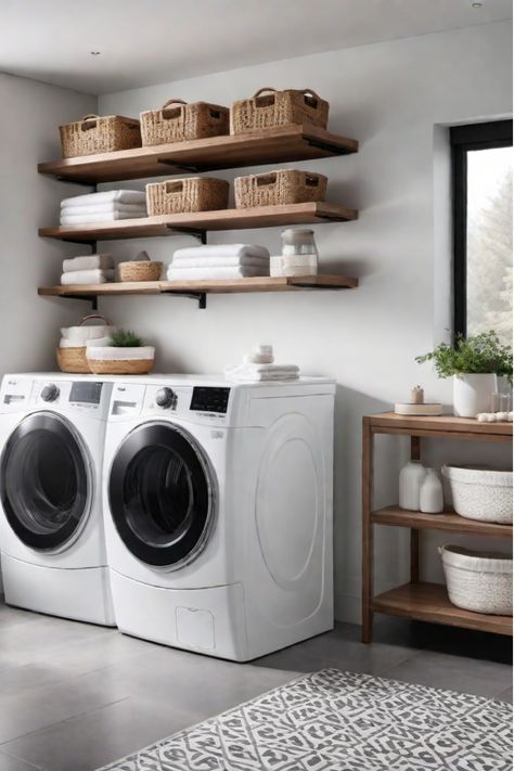 Organized small laundry room with shelves and baskets Laundry Room Shelves With Baskets, Wall Shelves Laundry Room, Laundry Room Ideas With Shelves, Utility Organization Ideas, Laundry Room Open Shelving Ideas, Laundry Room With Open Shelving, Small Laundry Space Ideas, Open Shelves Laundry Room, 2024 Laundry Room Trends