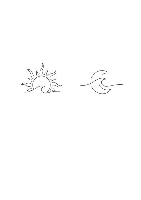 Beach Moon Tattoo, Ocean Flash Tattoo, Wave And Moon Tattoo, Moon Wave Tattoo, Sun And Waves Tattoo, Fineline Sun Tattoo, Sun And Ocean Tattoo, Sun Wave Tattoo, Small Fineline Tattoos