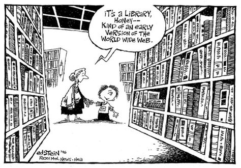 Library - an early version of the world wide web / a classic 1996 #library #cartoon by Ed Stein Library Humor, Library Media Specialist, Library Media Center, Library Skills, Information Literacy, Elementary Library, Teacher Librarian, School Librarian, Library Lessons