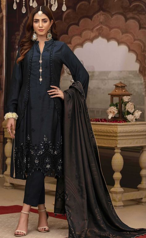 #simple black dresses shalwar kameez #black pakistani suit online #black short frock design #black silk dress #short frock with pajama #frock design #long frock with churidar pajama Blue Frock Design, Light Blue Pakistani Dress, Frock With Churidar Pajama, Black Short Frock, Gold Pakistani Dress, Blue Pakistani Dress, Shalwar Designs, Shalwar Design, Pakistani Women