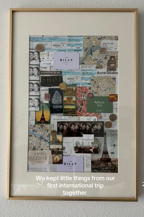 Aesthetic Art Gifts, Tac Board Decor Ideas, How To Frame Postcards, Our First Apartment Keepsake, Travel Picture Frame, Memory Collage Frame, Wall Decor Room Aesthetic, Travel Frame Ideas Display, Ways To Display Postcards