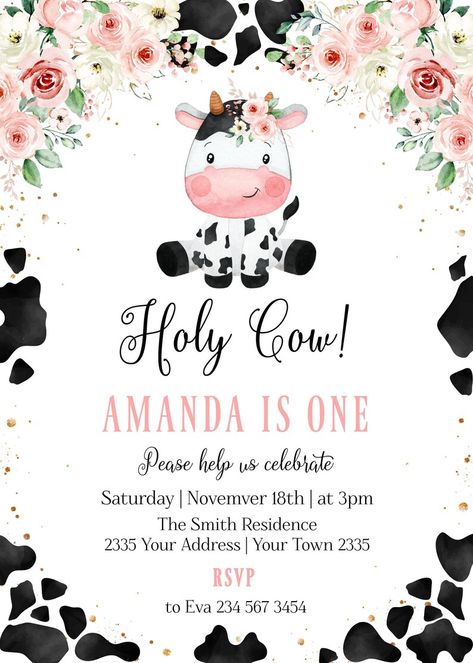 Editable Cow Birthday Invitation. Holy Cow I'm One. Little Cow. Floral Birthday Invitation Girl. Barn Animals. Farm. Barnyard. First Rodeo. - Etsy Holy Cow I’m Turning One Invitations, Cow Theme 1st Birthday Party Girl, First Birthday Farm Theme Girl, Cow Theme First Birthday Girl, Farm 1st Birthday Girl, Farm First Birthday Girl, Cow Themed 1st Birthday Party, Barnyard Birthday Party Girl, First Birthday Cow Theme