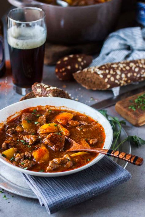 German Goulash, Goulash Soup, German Food Authentic, Dark Lager, Beef Goulash, Oktoberfest Food, Hearty Beef Stew, Sweet Paprika, Goulash Recipes