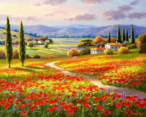 Tuscany Landscape, Tuscan Landscaping, Oil Painting Techniques, Soyut Sanat Tabloları, Poppy Field, Rural Landscape, Landscaping Ideas, Painting Techniques, Painting Inspiration