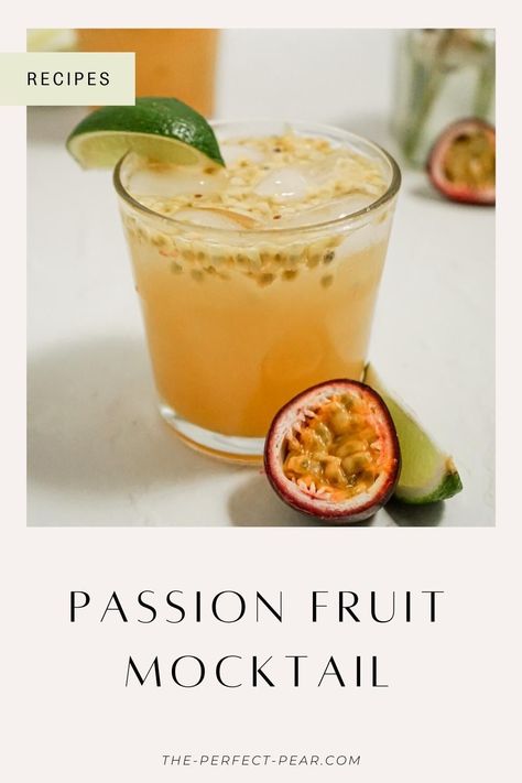 Sipping on this passion fruit mocktail is a great way to keep cool on a hot summer day. It has an amazing fruity flavor from the fresh passion fruit, lime juice, and kombucha. #mocktailrecipes #passionfruit #passionfruitmocktail #mocktailideas Passion Fruit Syrup Drinks, Fruit Mocktail Recipe, Passion Fruit Mocktail Recipe, Passion Fruit Coconut Drink, Passion Fruit Simple Syrup, Passion Fruit Mojito, Summer Drink Recipe, Caribbean Rum, Rum Punch