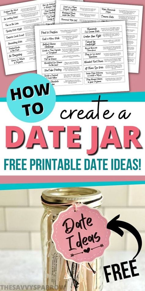 Want to make your own date jar with fun date night ideas? If you're tired of boring dates and going to the same old dinner and a movie, then a date idea jar is for you! Just print the free printable date jar ideas list and glue the date ideas to large popsicle sticks. Then add them to a mason jar and you've got an easy DIY date jar! You can make this date night jar for a creative anniversary gift for your husband, or even give it to your friend as a fun DIY wedding gift! Diy Date Jar, Date Idea Jar, Date Jars, Date Jar Ideas, Dates In A Jar, Activity Jar, Date Jar, Night Jar, Creative Date Night Ideas