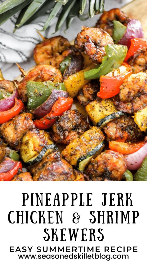 Pineapple Jerk Chicken & Shrimp Skewers, this Caribbean inspired, easy and dang delicious summertime or anytime recipe is made in the air-fryer and full of bold delicious flavour! It's comprised of marinated jerk chicken and shrimp on skewers, with your favourite seasonal veggies and pineapple stacked in-between! Jerk Chicken And Shrimp, Pineapple Jerk Chicken, Shrimp On Skewers, Jerk Recipe, Shrimp Kabob Recipes, Shrimp Skewer Recipes, Seasonal Veggies, Shrimp Kabobs, Jerk Chicken Recipe