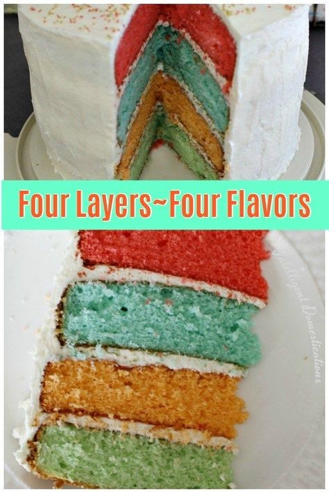 How to make a Four Flavor Cake with four layers. Each layer is a different flavor and color. Tricks with cake mix are what makes this cake fun and tasty. #cake #trickwithcakemix 3 Layer Cake Different Flavors, How To Make A 3 Layer Cake, Cake With Different Flavored Layers, Multi Flavor Layer Cake, Four Layer Cake, Multi Flavor Cake, Rainbow Layer Cake, Multi Layer Cake, Rainbow Layer Cakes