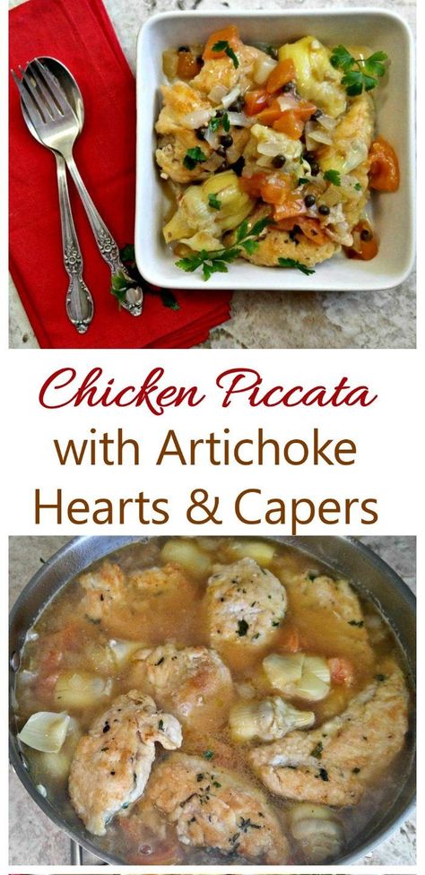 This recipe for chicken piccata with artichoke hearts has a tangy white wine sauce flavored with capers and tomatoes. I've included gluten free adaptations for the recipe too. Chicken Piccata With Artichokes Recipe, Recipe For Chicken Piccata, Chicken Piccata With Capers, Artichoke Heart Recipes, Chicken Piccata Recipe, Chicken Recipies, Artichoke Chicken, Recipe For Chicken, Homes Exterior