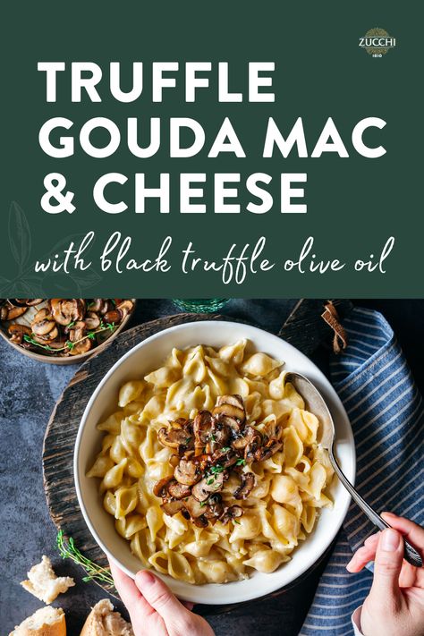 Black Truffle Mac And Cheese, Mac And Cheese With Gouda, Truffle Mac And Cheese Recipe, Mac And Cheese Gouda, Gouda Recipe, Thyme Uses, Gluten Free Truffles, Truffle Oil Recipes, Black Truffle Oil