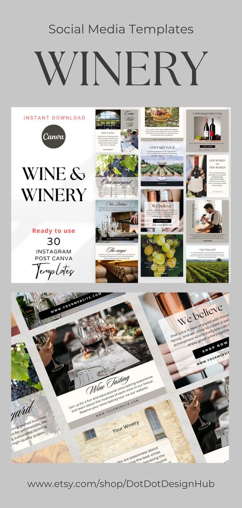 This set of 30 Wine & Winery Instagram Post Canva templates with Real Text are ideal for winery, family owned winery, wine shop, winery tours, vineyard tours, winery tasting and wine industry in general. Our easy-to-use social media templates and high-quality images and graphics make it simple to create a cohesive and compelling Instagram presence that reflects your unique brand. Winery Social Media, Wine Social Media, Winery Instagram, Wine Marketing, Wine Industry, Vineyard Tour, Winery Tours, Wine Shop, Social Media Templates