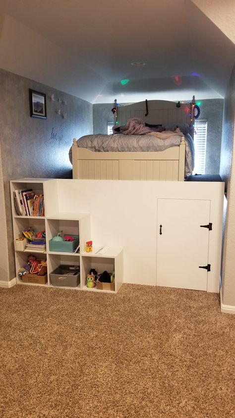 Storage Platform Bed Diy, Lifted Bed With Storage Underneath, Bed With Secret Room Underneath, Bed With Crawl Space Underneath, Platform Bed With Hideout Underneath, Beds With A Secret Room Under, Raised Bedroom Ideas, Lifted Bed Ideas, How To Make The Most Of A Small Bedroom